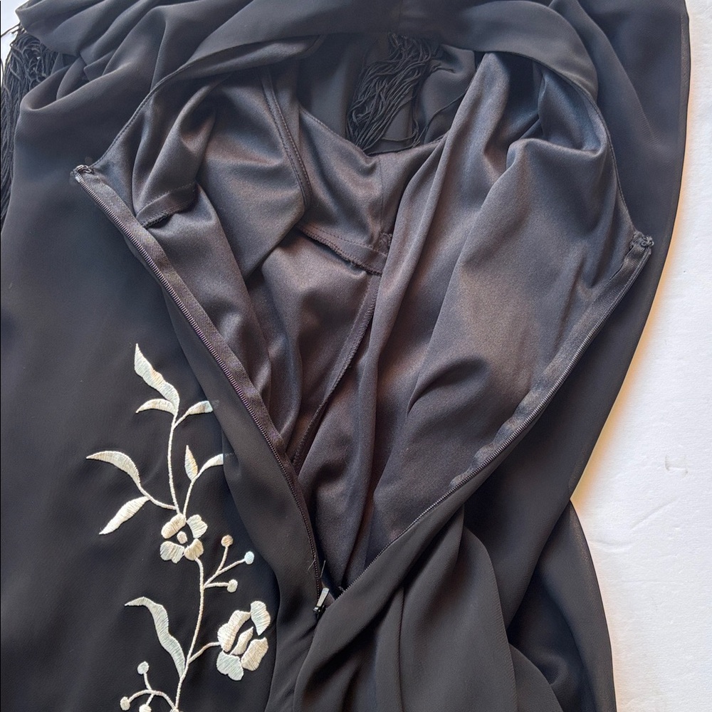 Vintage y2k Maxi Dress Long Dress Black Sue Wong Fringe Cowneck Embroidered - Picture 15 of 17